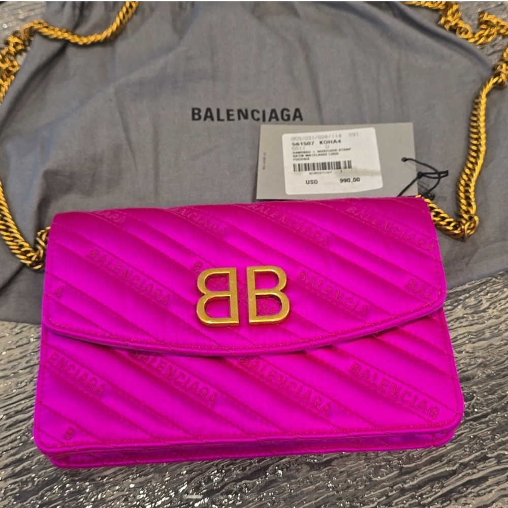 Auth New Balenciaga BB Satin wallet on Chain jacquard logo Matelasse Bag Fushia
